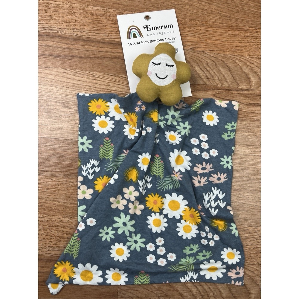 Emerson and Friends Bamboo Lovey, Blue Daisy Security Blanket 14" x 14" NEW